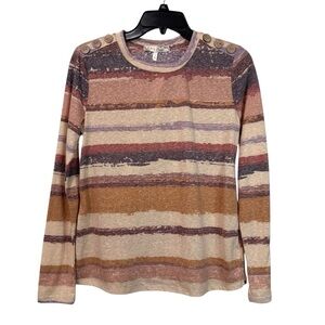 Women’s Boho Earth Tones Striped Long Sleeve Top with Button Accents NWT